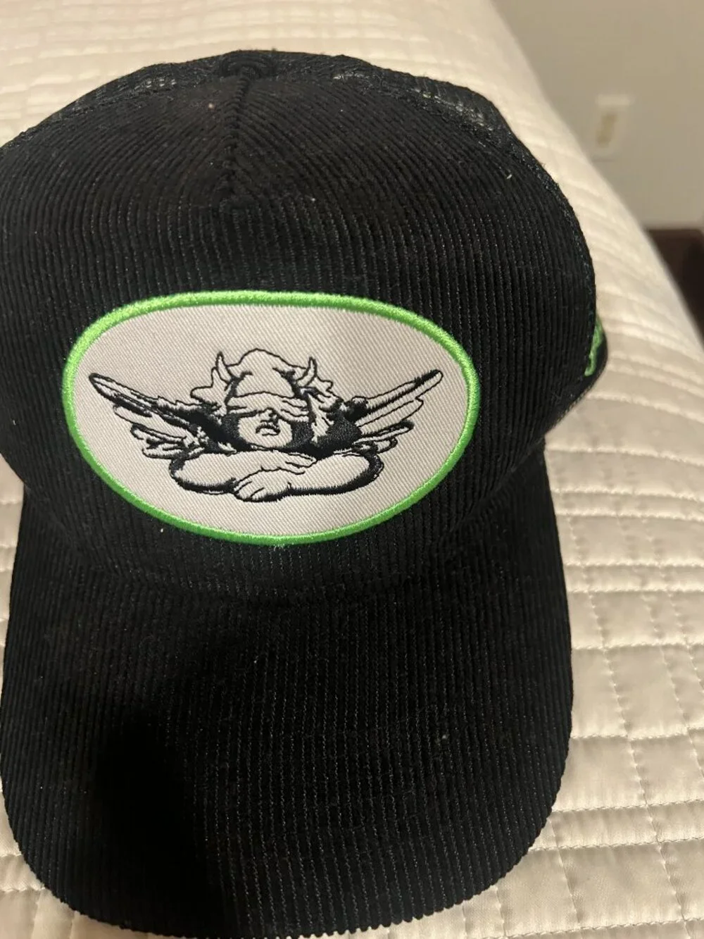 Boys Lie Black Corduroy Cherub Patch Mesh Snapback Trucker Hat OS
